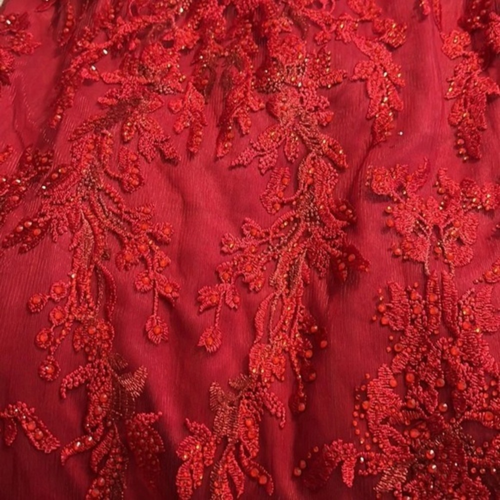$798 Mac Duggal Size 14 Red Floral Embroidery Jeweled Long Maxi Gown Dress - Picture 6 of 7